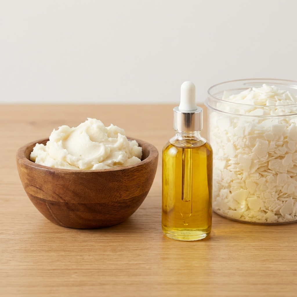 A bowl of creamy refined shea butter beside a bottle of jojoba oil and a container of soy wax flakes on a clean crafting table