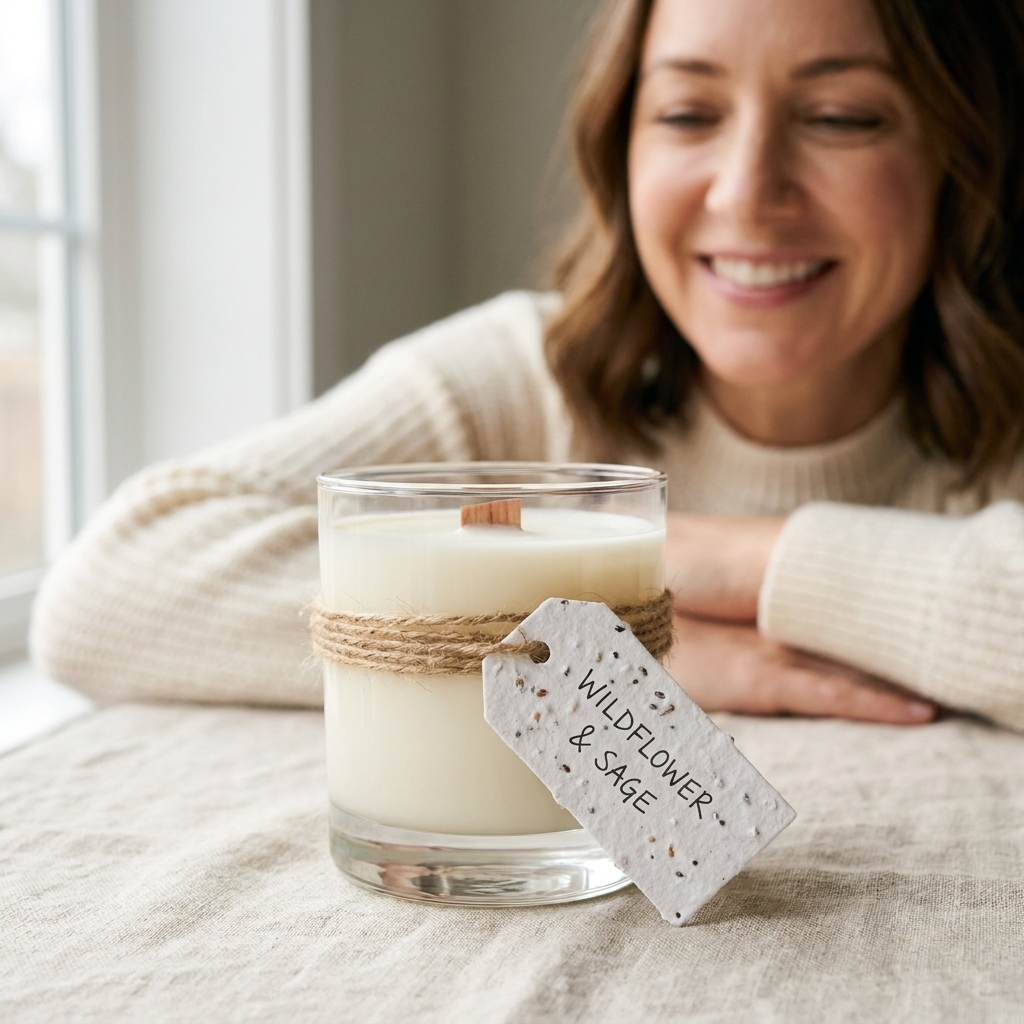 A candle jar wrapped with natural twine and a plantable seed paper tag resting on a linen cloth in soft daylight