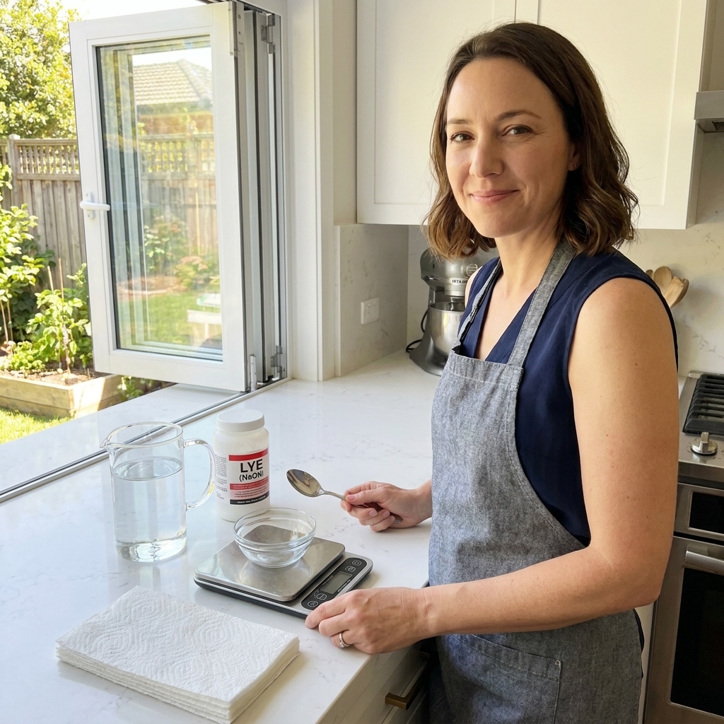 A clean countertop set up for making a lye solution with a heat-safe pitcher of distilled water, a labeled lye container, a digital scale, a stainless steel spoon, paper towels, and an open window nearby