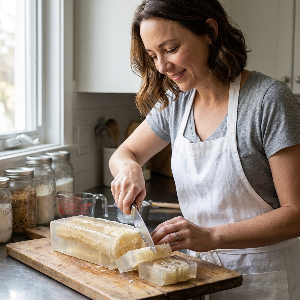 A clear glycerin soap loaf with embedded loofah being sliced into even bars with a chef's knife on a wooden cutting board