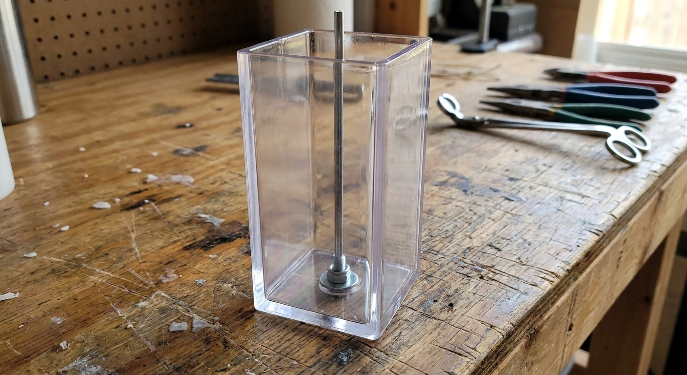 A clear rigid plastic polycarbonate pillar candle mold with a metal wick pin inserted, sitting upright on a workbench