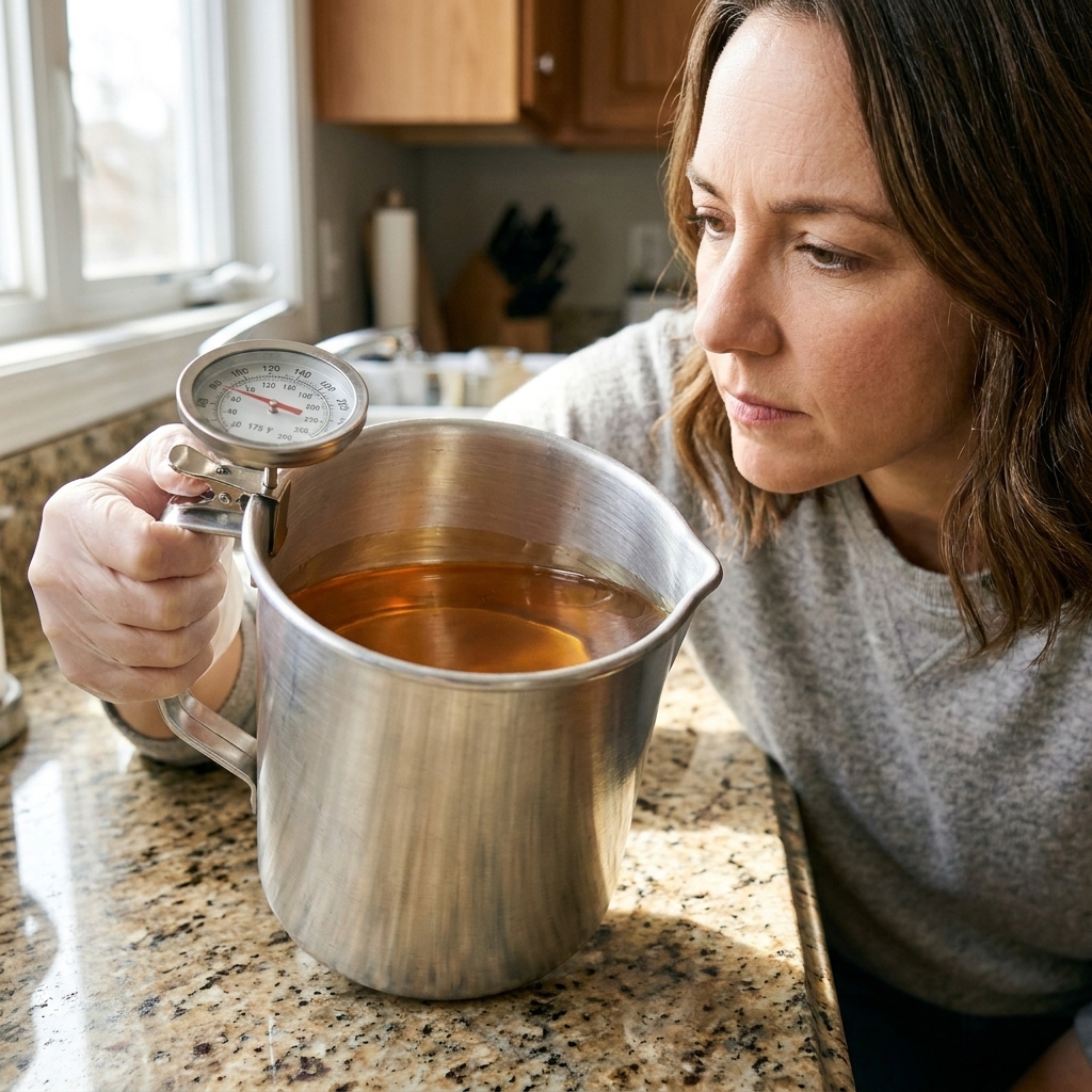 A close-up of a candle pouring pitcher with melted wax inside and a metal clip-on thermometer attached, showing careful temperature monitoring on a kitchen counter