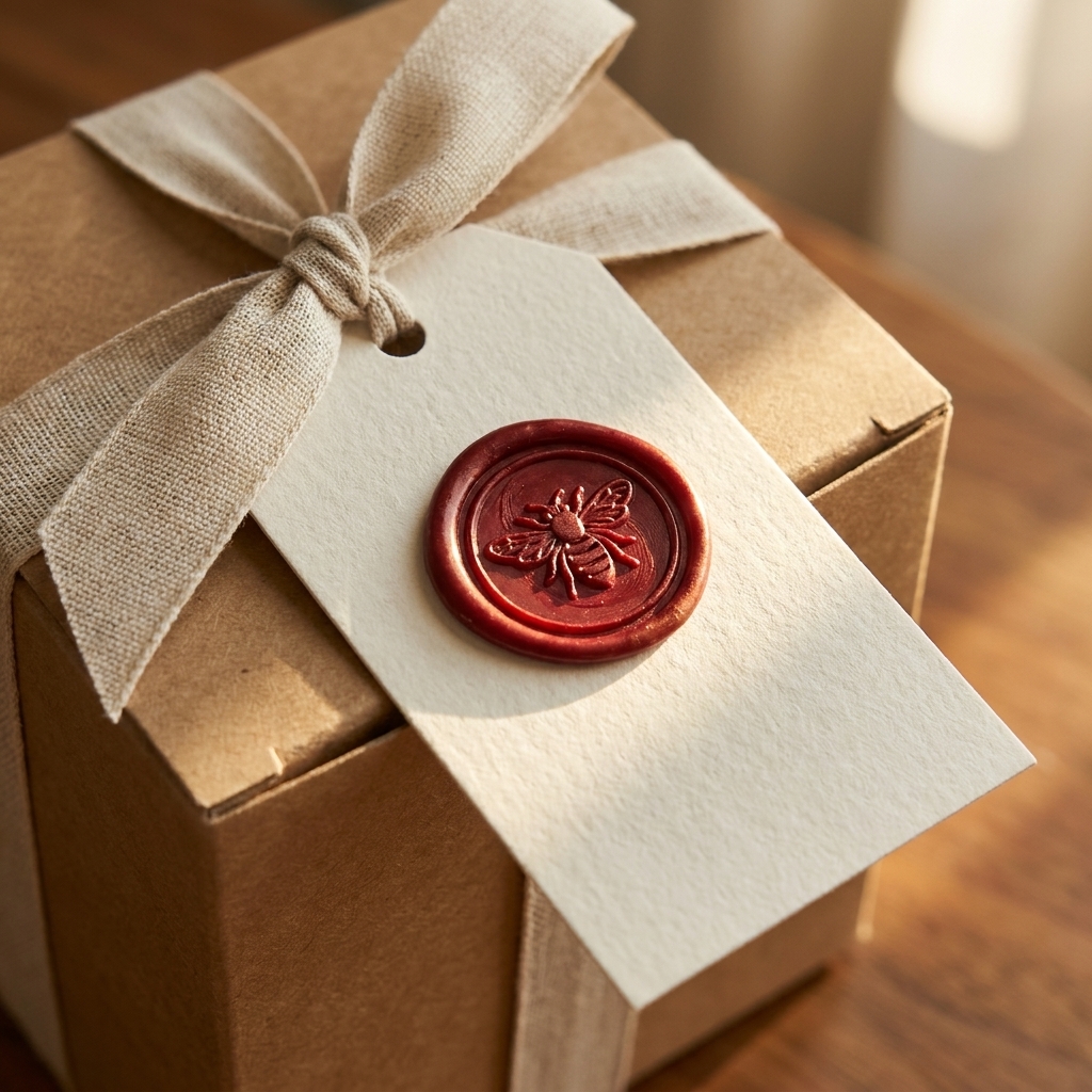 A close-up of a wax-sealed cardstock gift tag tied with a ribbon around a candle gift box, with the seal catching light