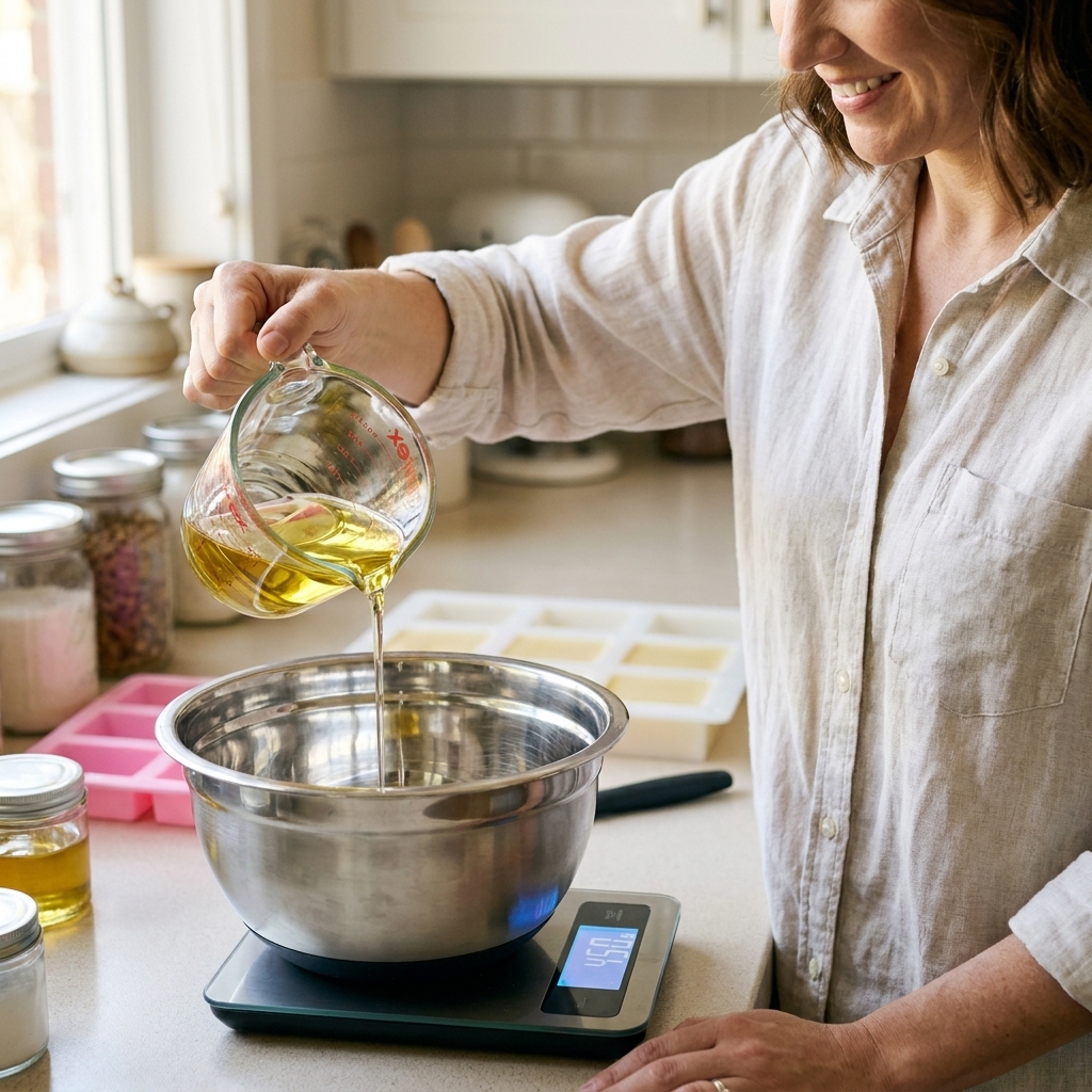 A close-up of clear and golden soapmaking oils being poured into a stainless steel mixing bowl on a digital scale in a home craft setup