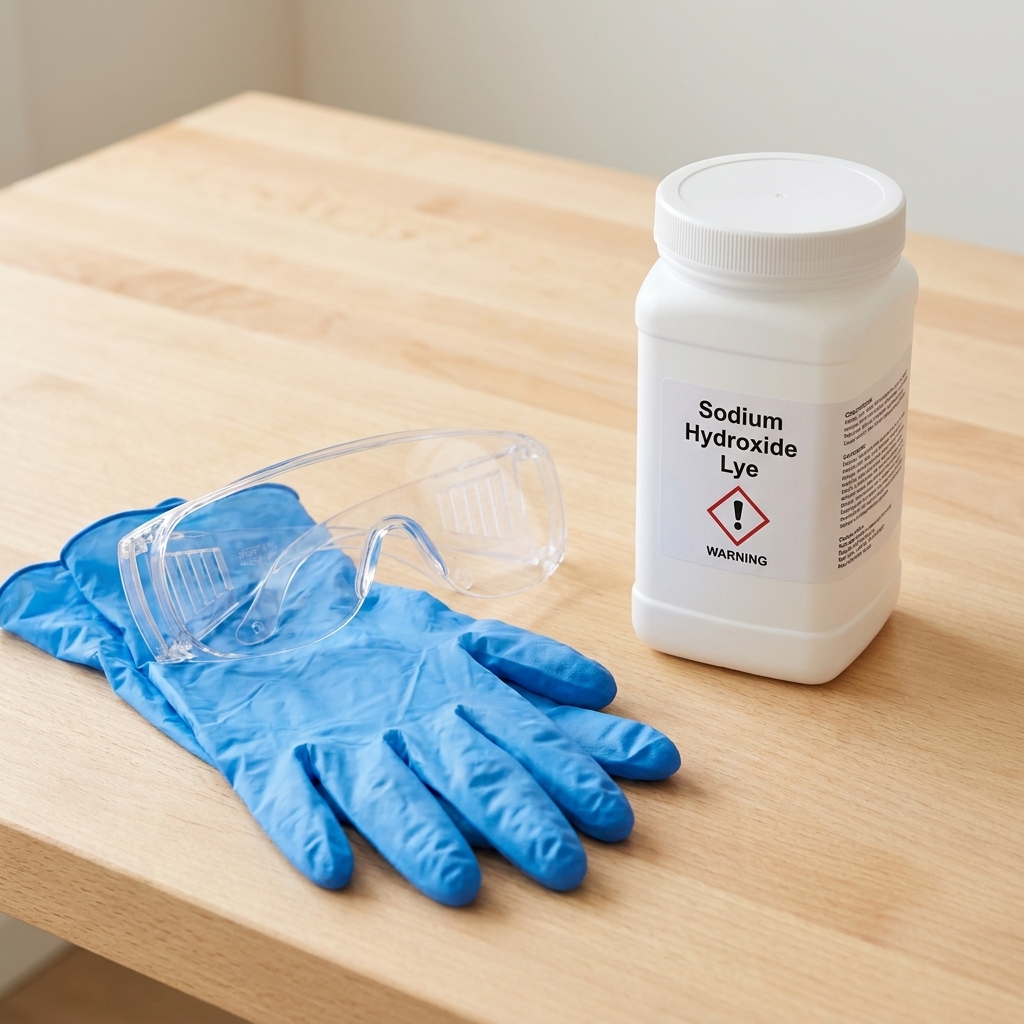 A close view of soapmaking safety gear including nitrile gloves and protective goggles next to a closed container of sodium hydroxide lye on a clean work surface