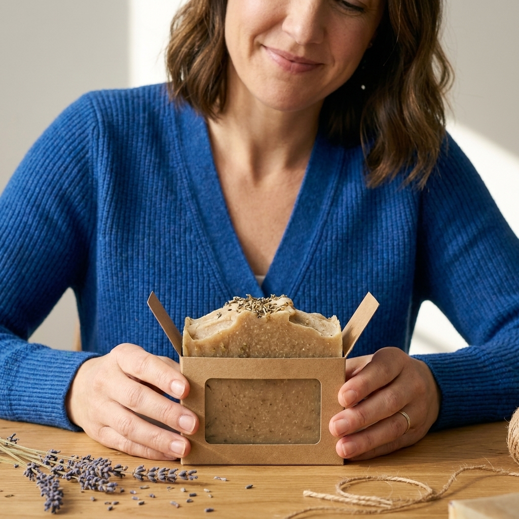 A cold process soap bar inside a kraft window carton with a clear window, sitting on a neutral craft table