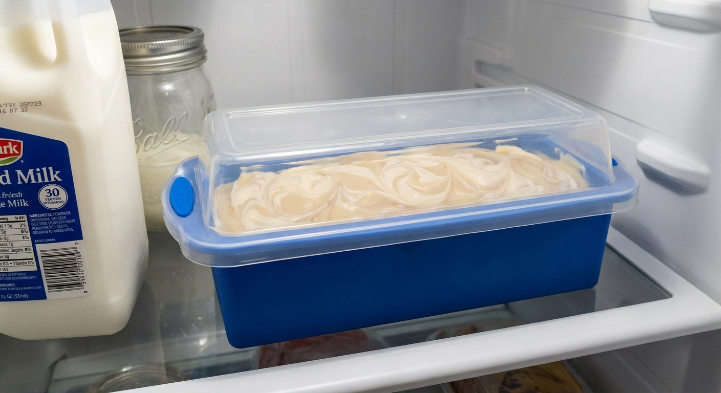A covered silicone loaf mold of fresh cold process soap sitting on a refrigerator shelf