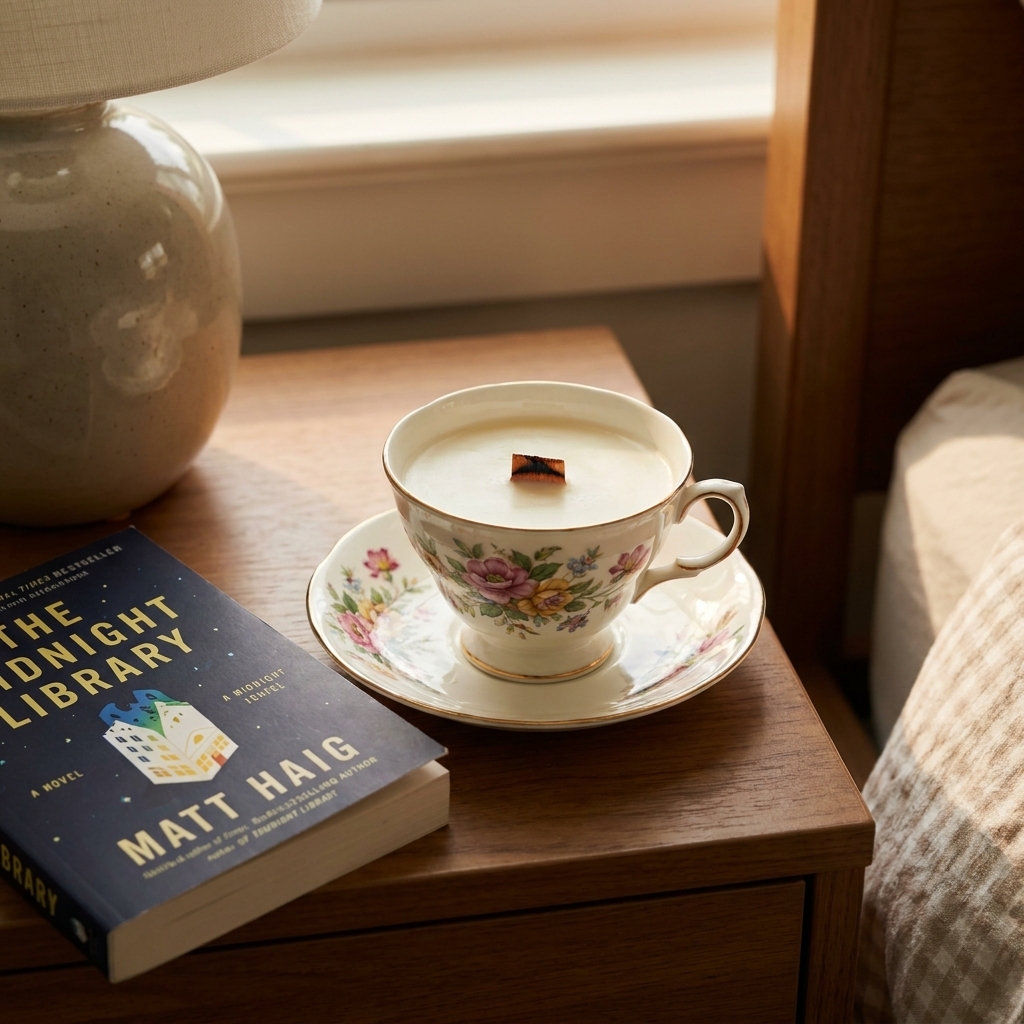 A finished teacup candle with a wooden wick resting on a matching saucer on a bedside table with a book nearby