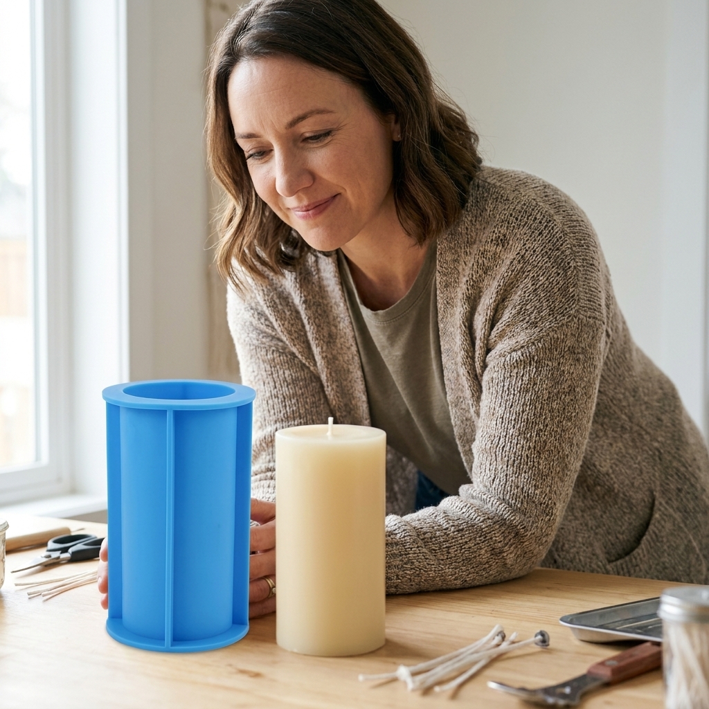 A flexible silicone pillar candle mold sitting on a craft table next to a finished pillar candle with a smooth surface and clean edges