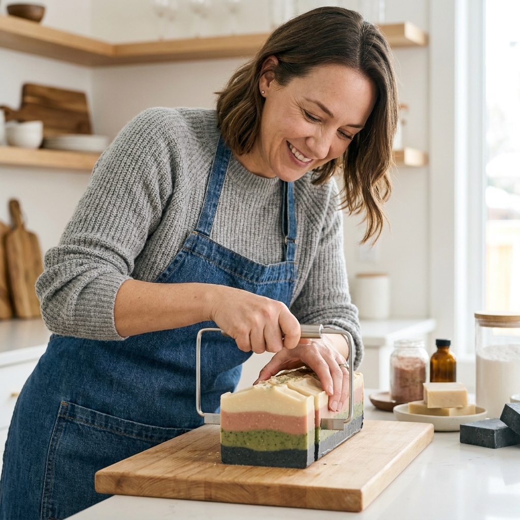 A freshly cut cold-process soap loaf showing four clean horizontal layers in cream, blush pink, herb green, and charcoal gray on a cutting board