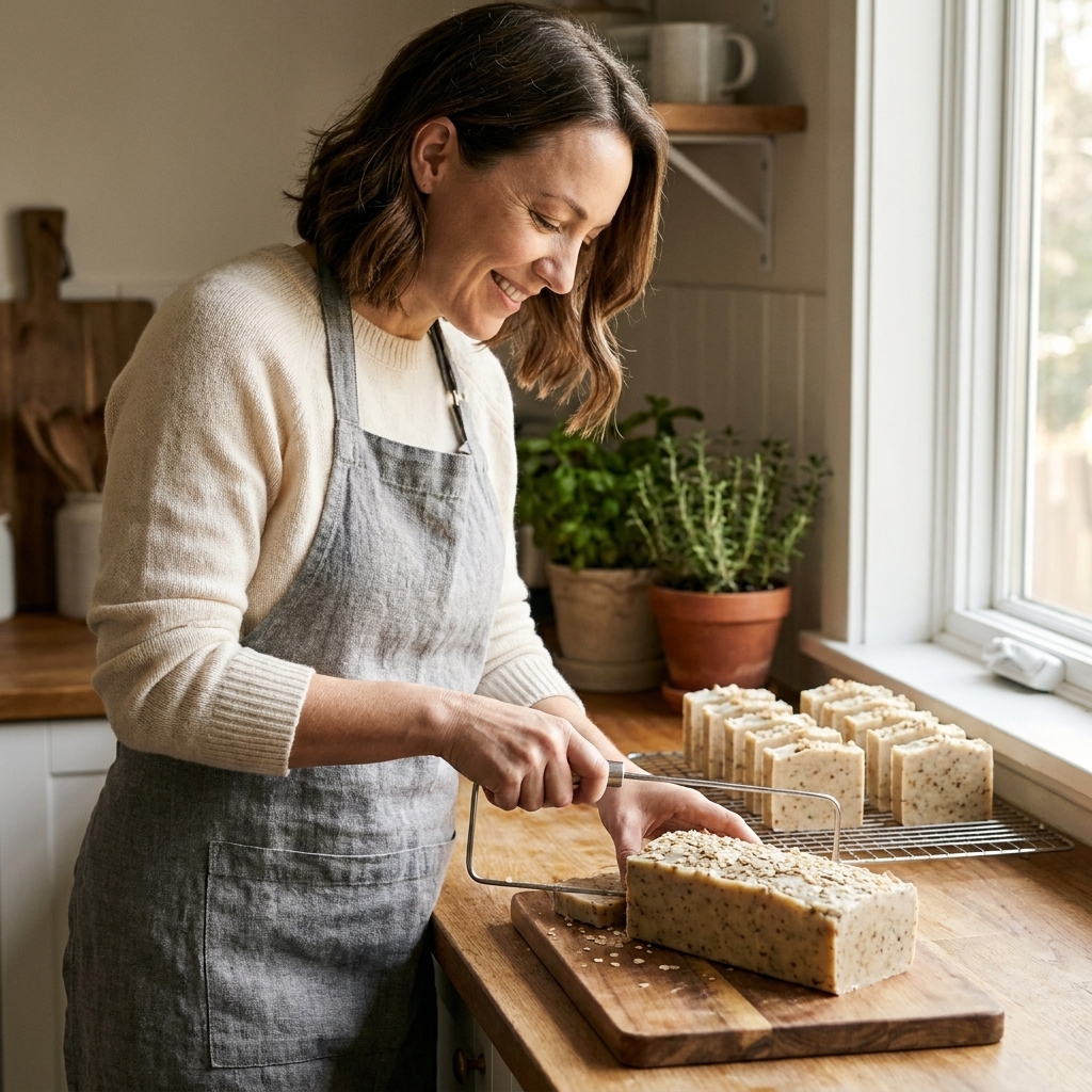 A freshly cut loaf of handmade soap on a wooden cutting board, with small guest-size bars lined up to cure on a rack in natural light