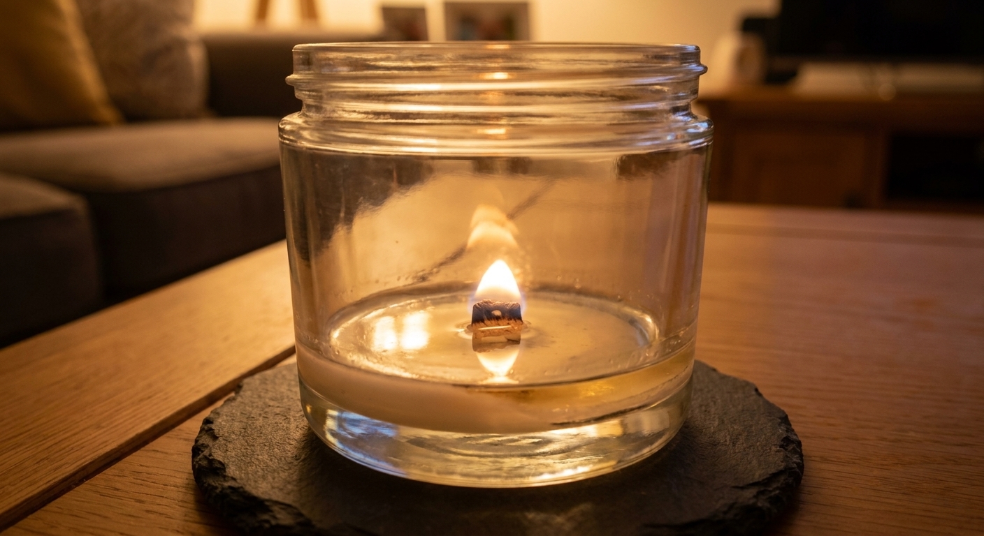 A glass jar candle near the end of its life with a low wax level and the metal wick tab visible at the bottom while burning on a heat-safe surface