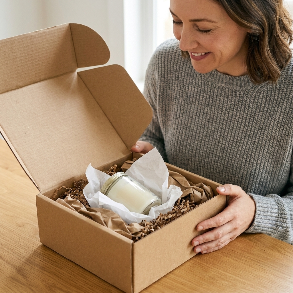 A glass jar candle wrapped in tissue paper and nestled in crinkle paper inside a snug kraft shipping box, with packing paper around it for protection