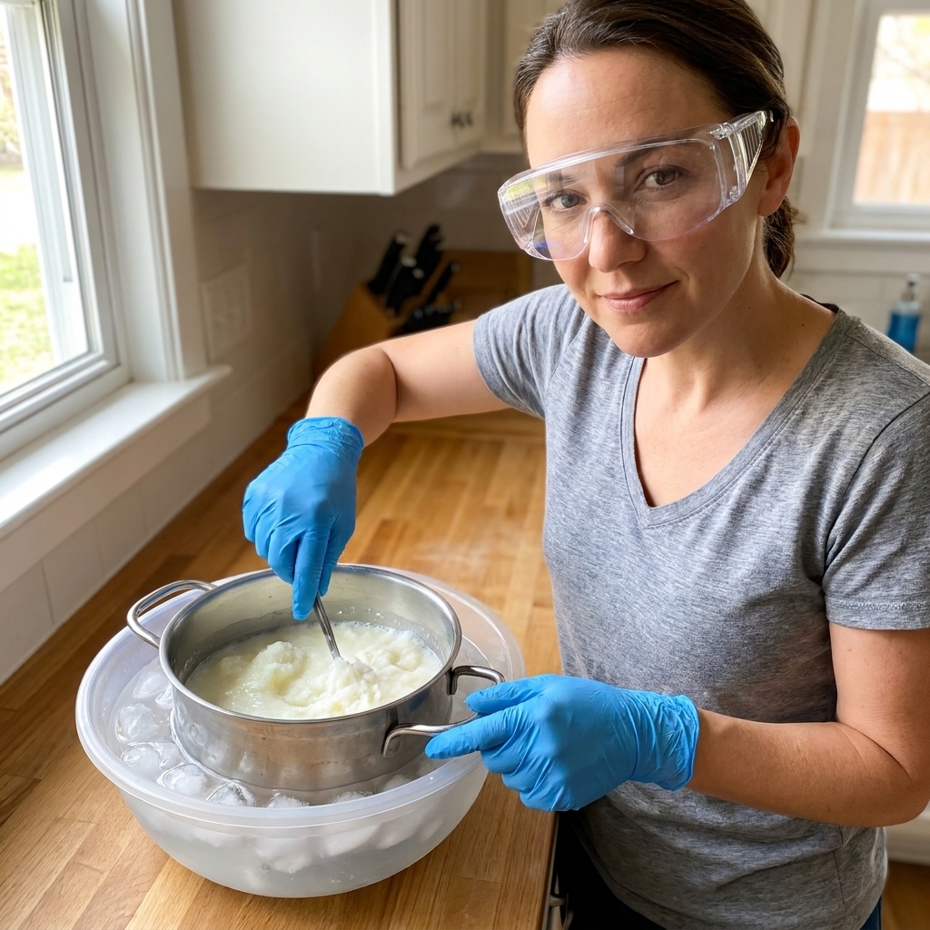 A gloved hand stirring lye into partially frozen goat milk in a heat-safe container set inside an ice bath, the liquid still slushy and pale