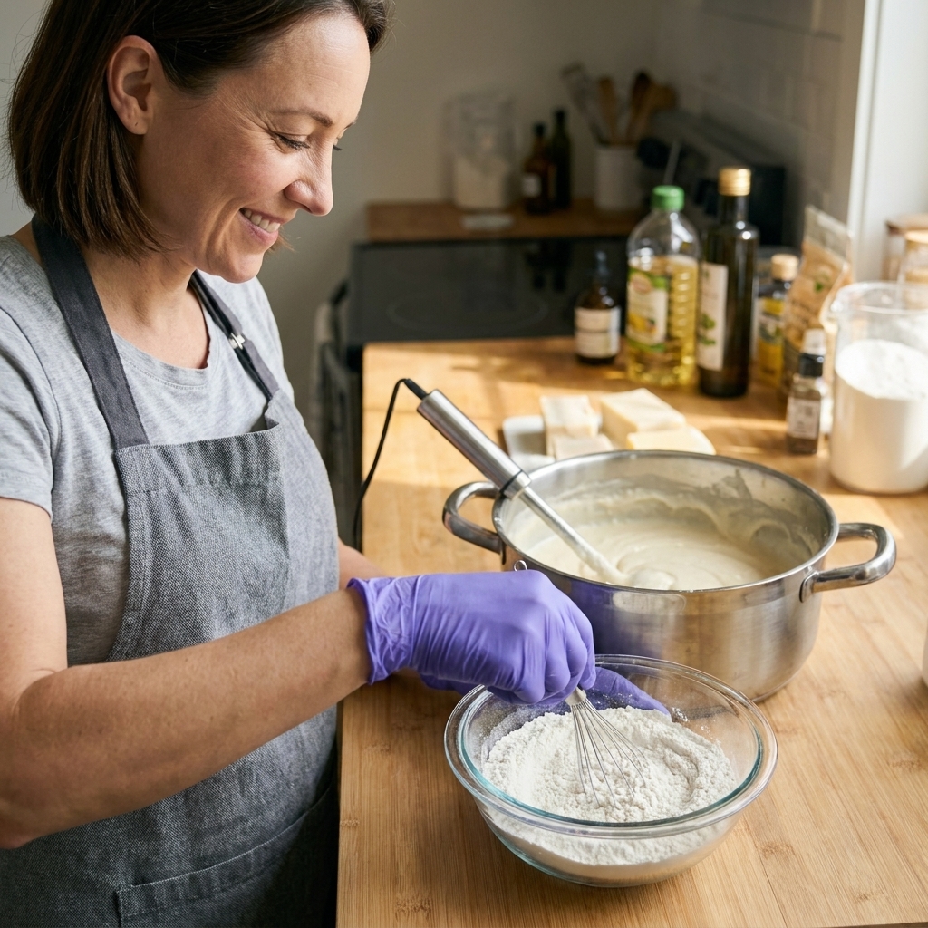A gloved hand whisking fine white powder into a small glass bowl next to a pot of stick-blended soap batter