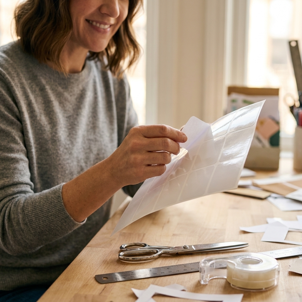 A hand holding a glossy waterproof label sheet above a craft desk with scissors, a ruler, and a roll of clear tape nearby