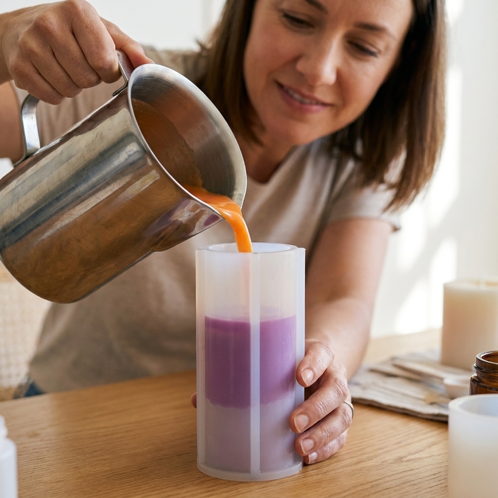 A hand pouring colored wax into a tall silicone pillar mold, showing a partially set layer inside and careful slow pouring