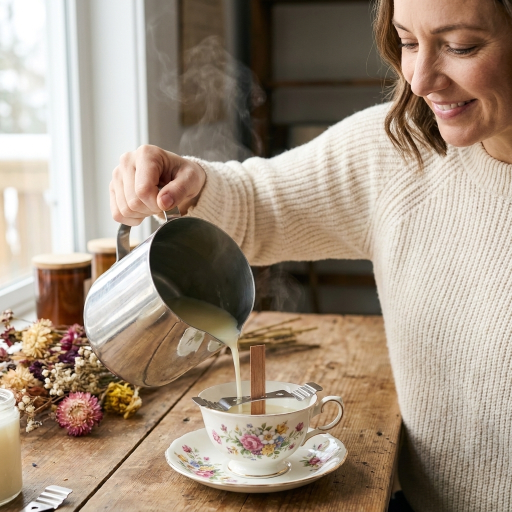 A hand pouring melted candle wax from a metal pitcher into a vintage teacup with a wooden wick centered in a wick clip