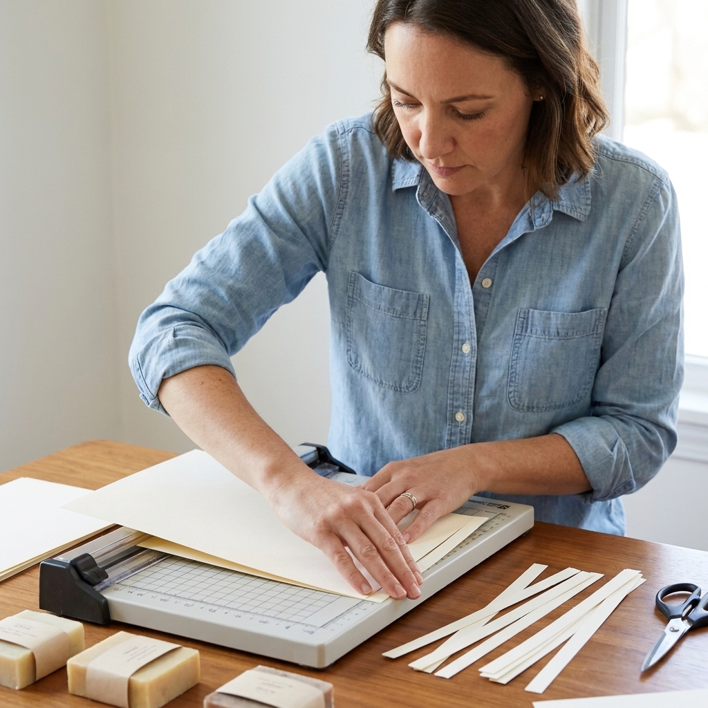 A hand sliding cardstock through a paper trimmer to cut evenly sized cigar band strips for soap