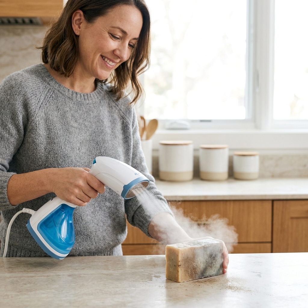 A handheld garment steamer releasing steam near a handmade soap bar on a countertop to clear a dull, ashy surface