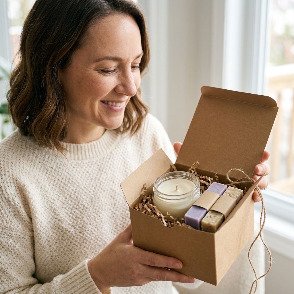 A handmade candle and two soap bars arranged in a small gift box with crinkle paper filler and twine tied around the box