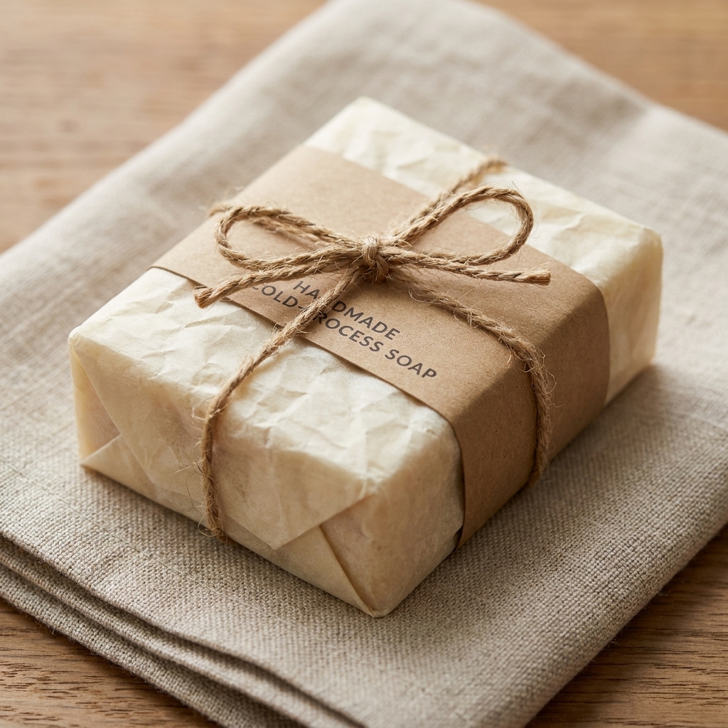 A handmade cold-process soap bar wrapped in cream paper with a simple label band and rustic twine tied around it, resting on a linen napkin