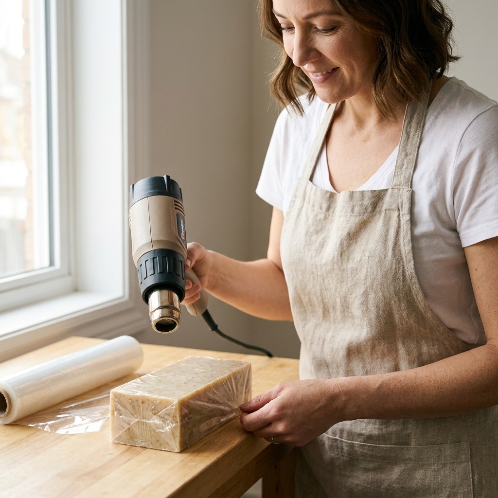 A handmade soap bar in shrink film showing wrinkled corners and trapped air pockets, sitting on a worktable next to a heat gun