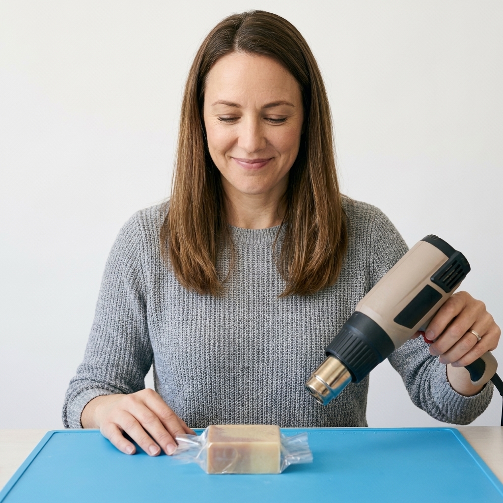 A heat gun held above a small wrapped soap bar on a heat-safe silicone mat, with the film shrinking smooth and tight under warm airflow