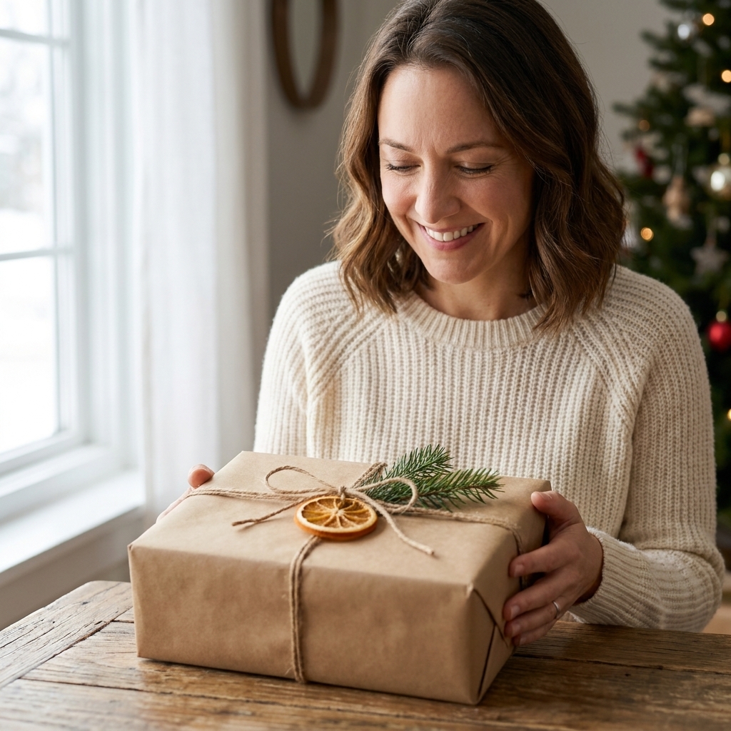 A holiday gift wrapped in brown kraft paper with rustic twine and a dried orange slice tied on top, photographed on a wooden table with soft winter light