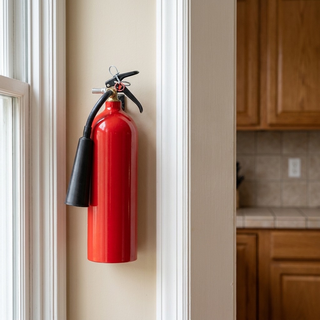 A household fire extinguisher mounted on a kitchen wall near a doorway, with the nozzle and safety pin visible