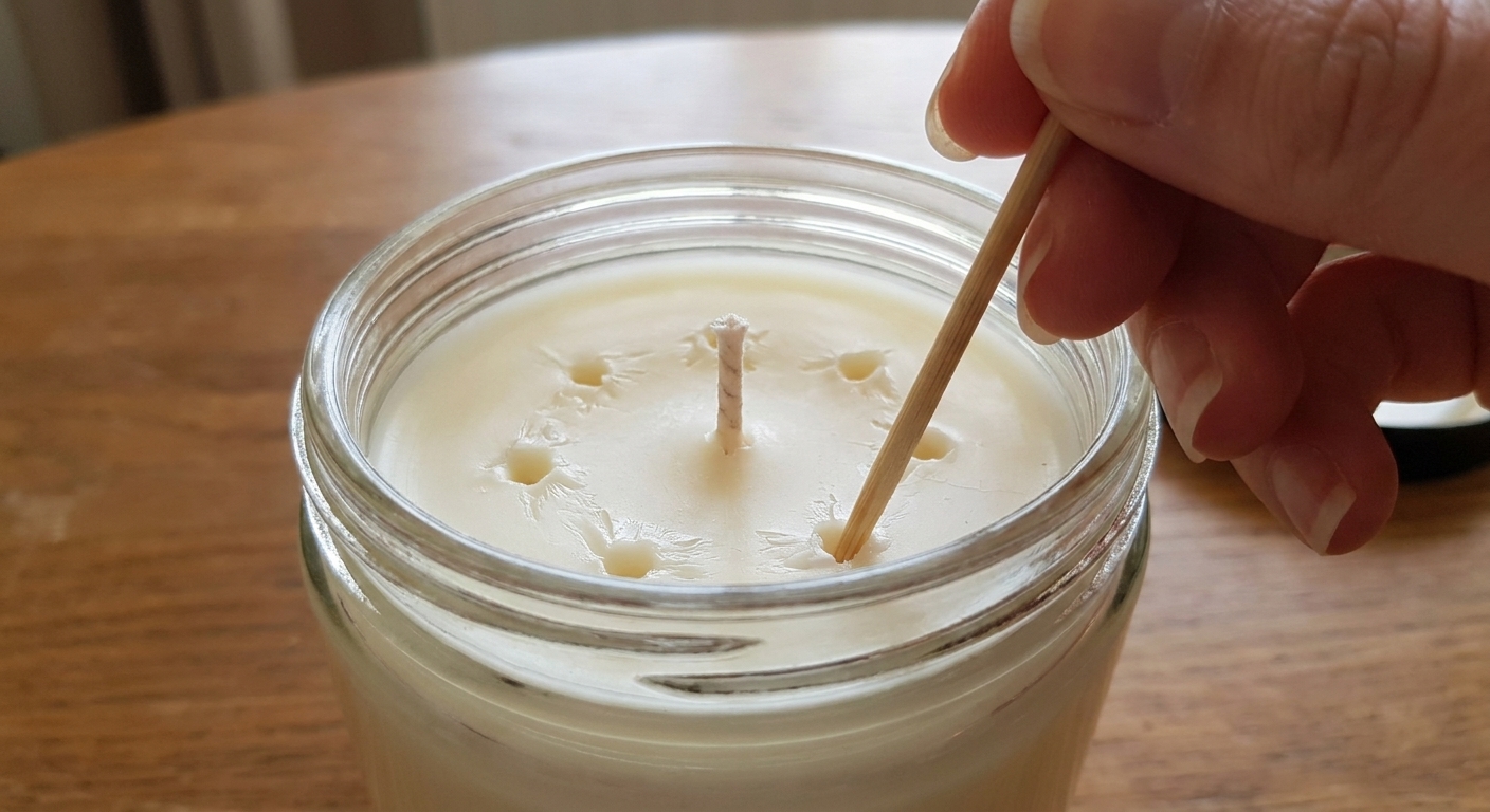 A jar candle top with small relief holes poked around the centered wick using a wooden skewer