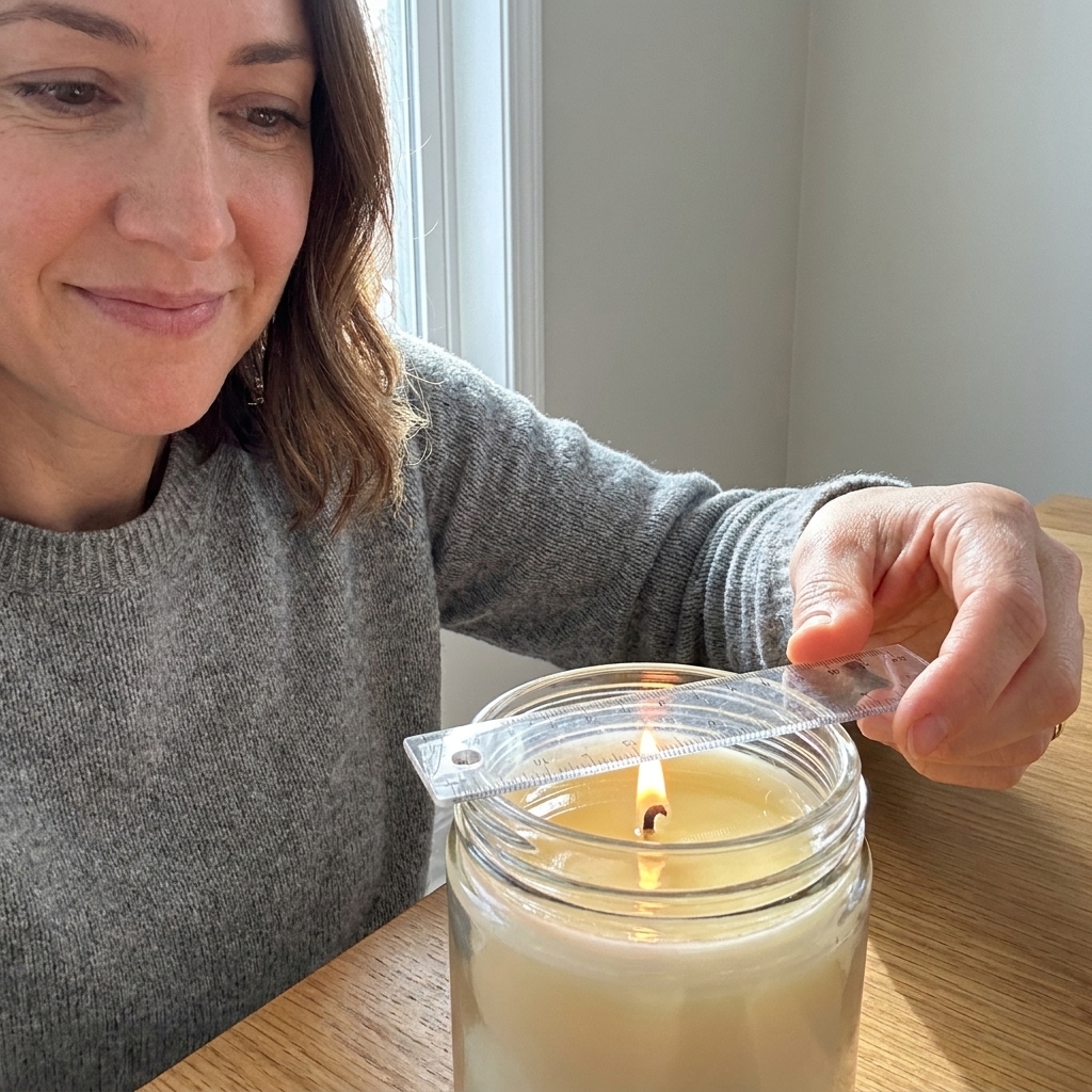A jar candle with a visible melt pool while a ruler is held above the jar to measure the melt pool diameter