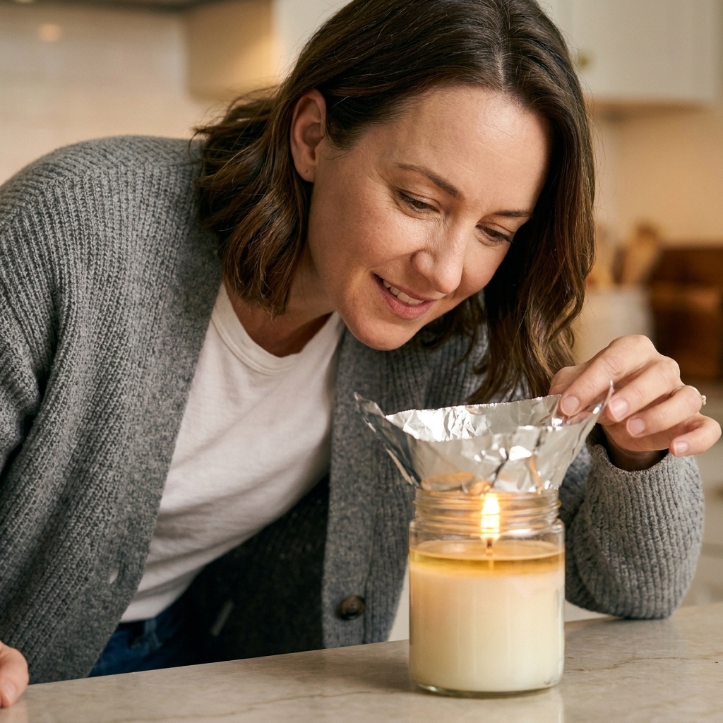 A jar candle with aluminum foil wrapped around the rim to concentrate heat while the candle burns under close supervision
