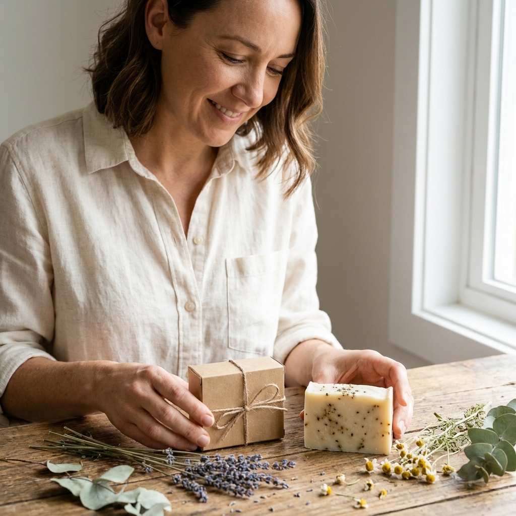 A kraft paper soap box tied with natural twine on a tabletop next to dried botanicals and a cured soap bar