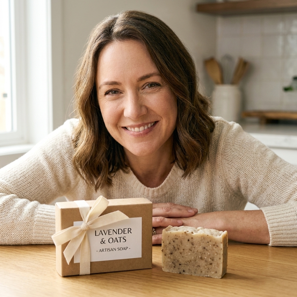A kraft soap box with a simple white label and a ribbon bow resting on a clean tabletop next to a cured artisan soap bar