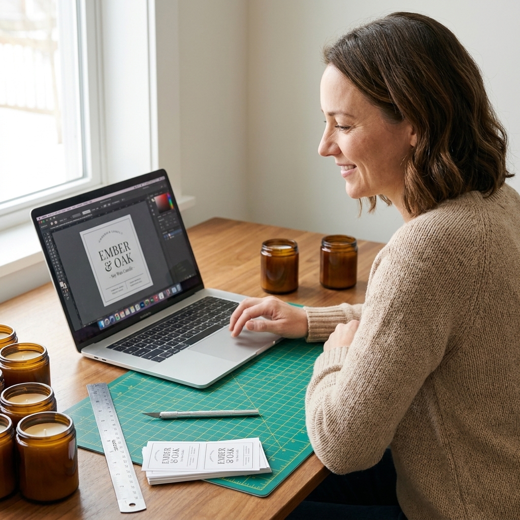 A laptop open to a label design on a desk next to a ruler, cutting mat, and several amber candle jars waiting to be labeled