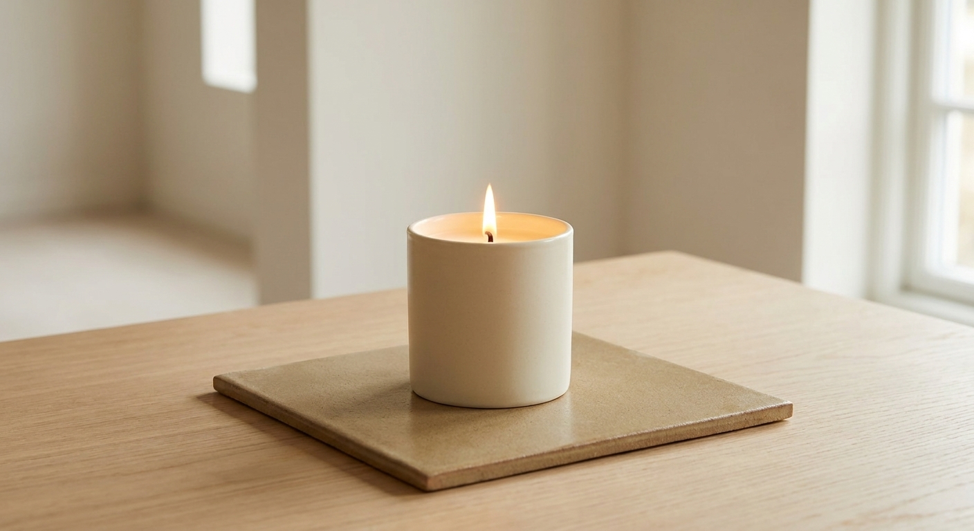 A lit container candle centered on a ceramic tile with plenty of clear space around it in a calm indoor room