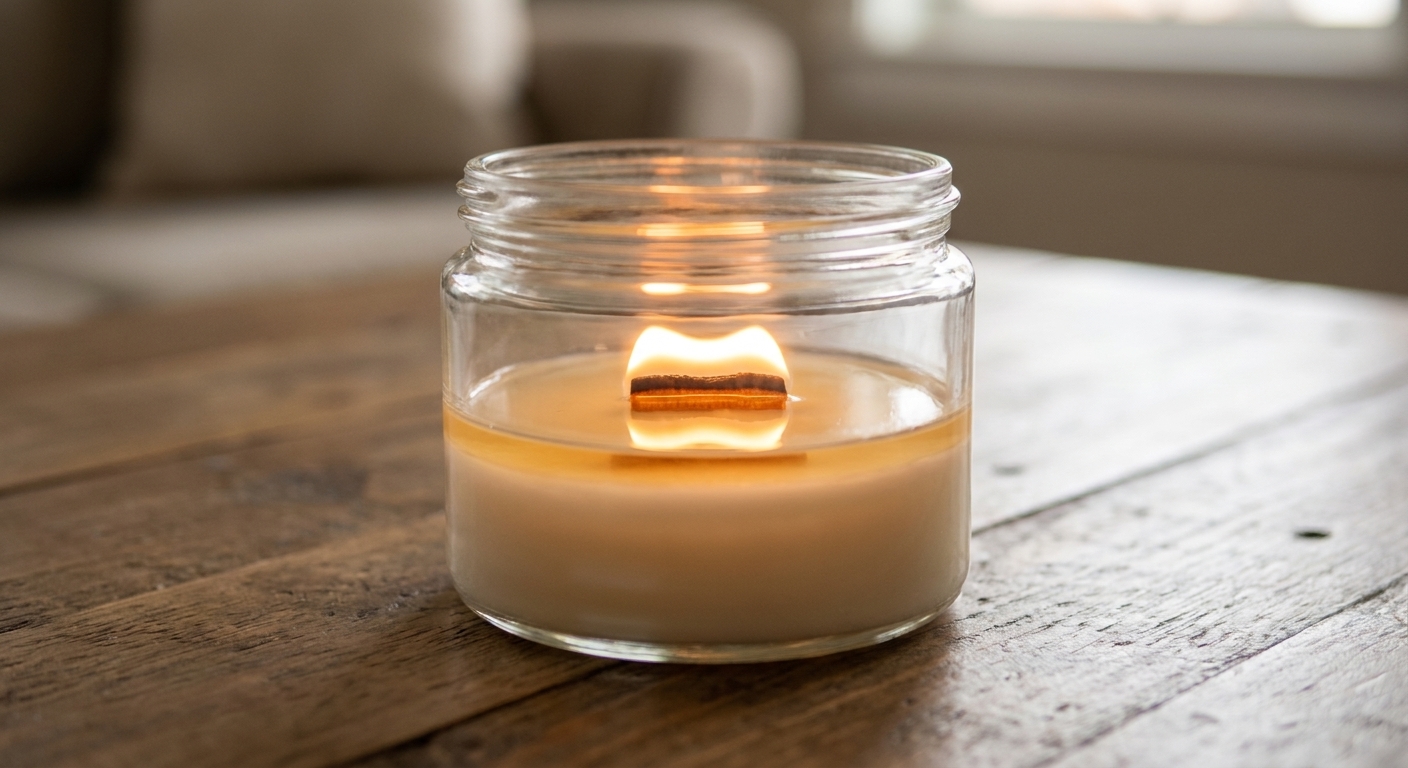 A lit wood wick candle in a clear glass jar on a tabletop, showing a wide flame and a shallow melt pool