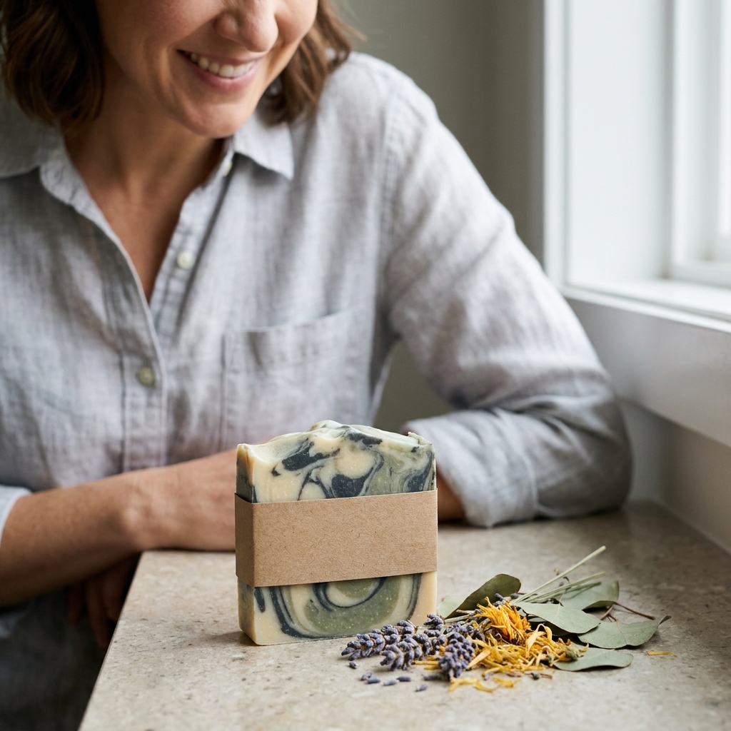 A marbled cold-process soap bar wrapped with a simple paper belly band on a neutral countertop, with a few dried botanicals nearby