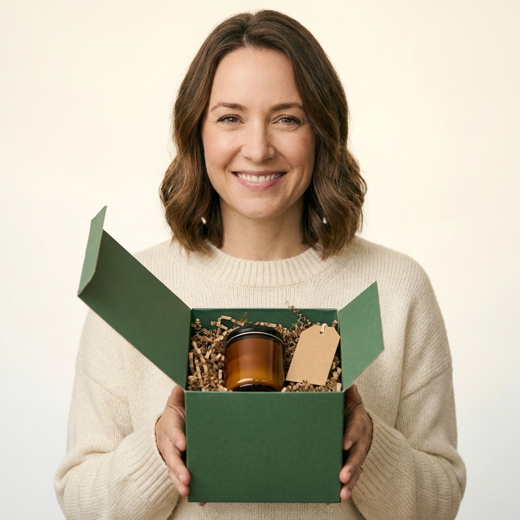 A matte forest-green holiday gift box opened to show a small amber jar candle nested in crinkle paper, with a simple kraft tag tucked inside