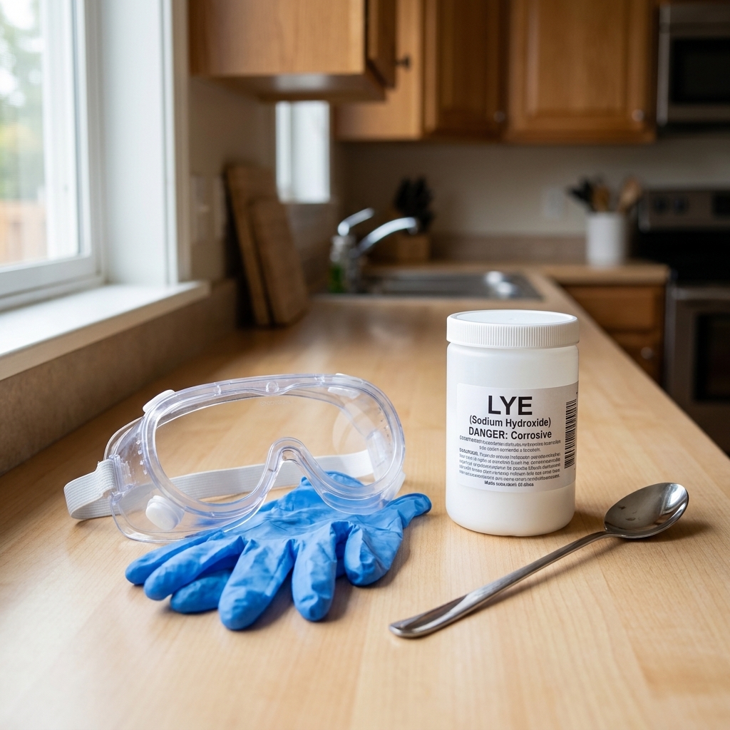 A pair of clear safety goggles and blue nitrile gloves laid beside a lye container and a stainless steel spoon on a countertop