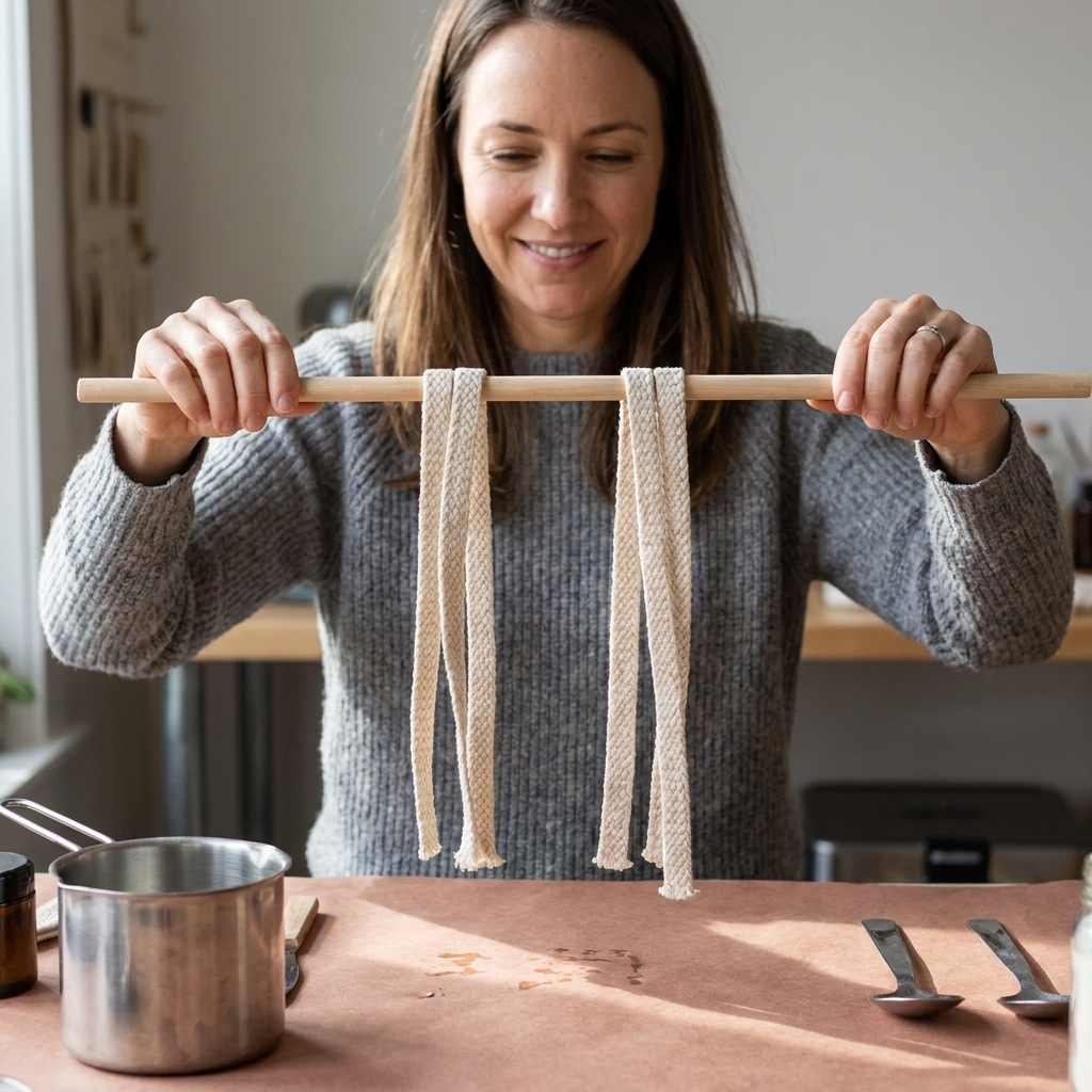 A pair of square braided cotton wicks folded over a wooden dowel, hanging evenly above a protected work surface ready for dipping