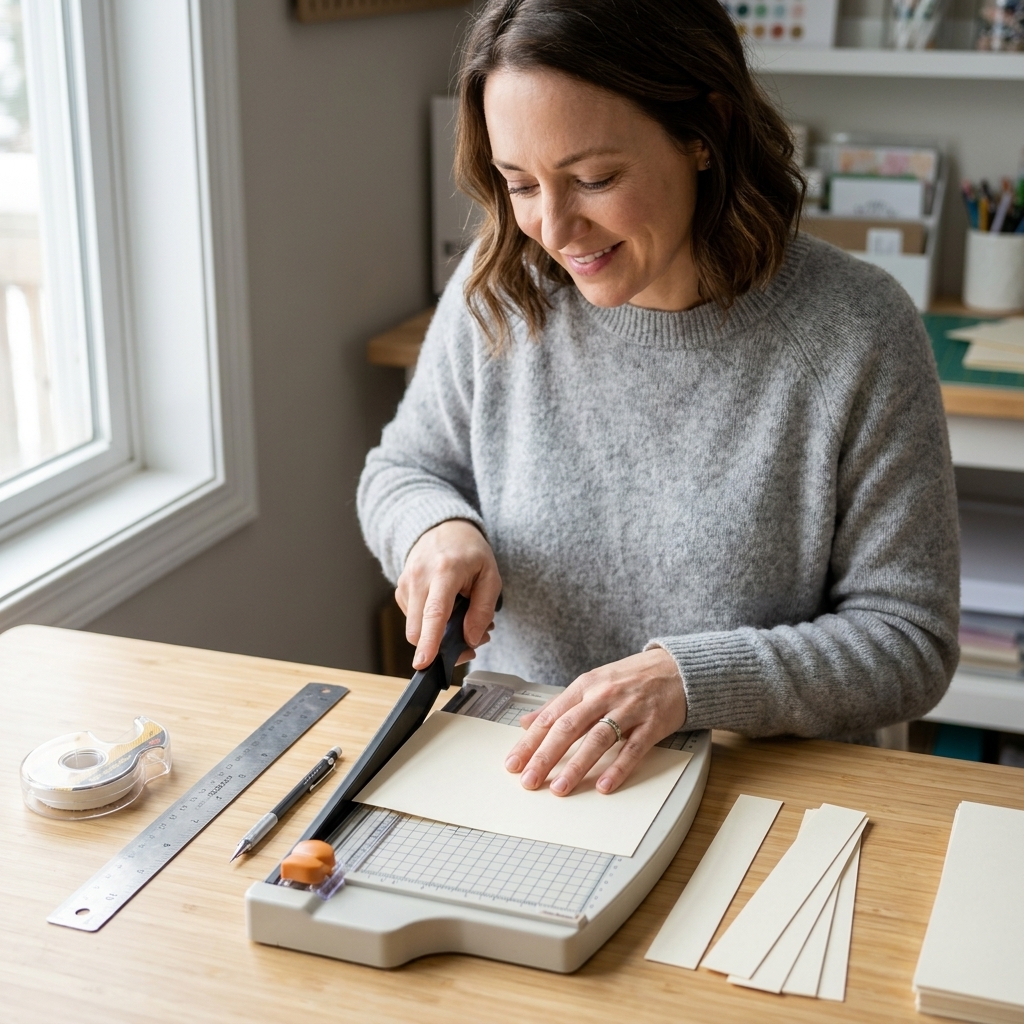 A paper trimmer on a craft table with cardstock, ruler, pencil, and double-sided tape laid out for making soap cigar bands