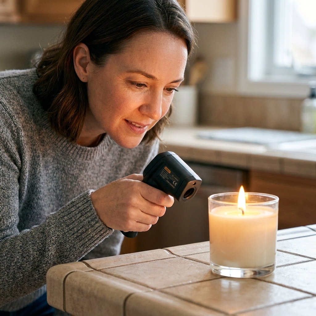 A person aiming an infrared thermometer at the side of a glass candle jar while the candle burns on a tile, showing careful temperature checking