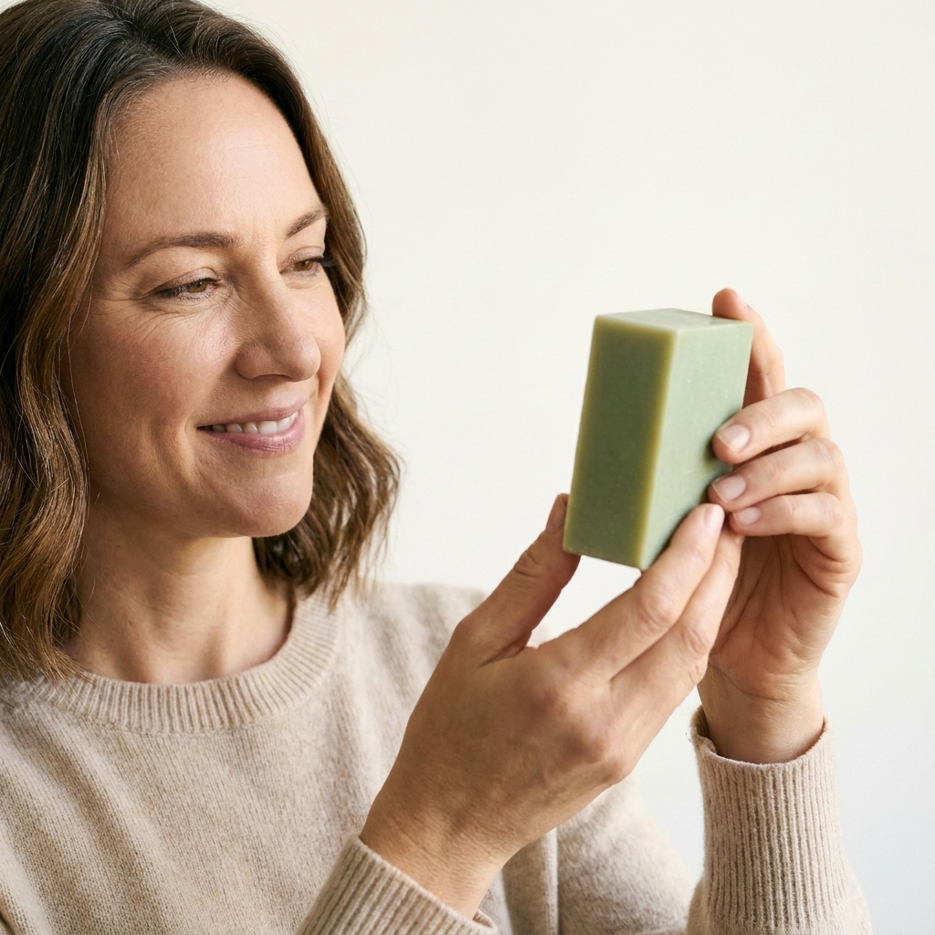 A person holding a fully cured handmade cold process soap bar with a smooth matte surface and clean edges in soft natural light