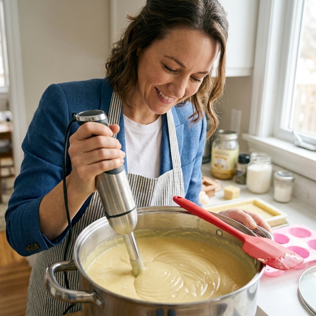A person holding an immersion blender in a soapmaking pot as thick soap batter reaches a light trace, with a spatula resting on the rim