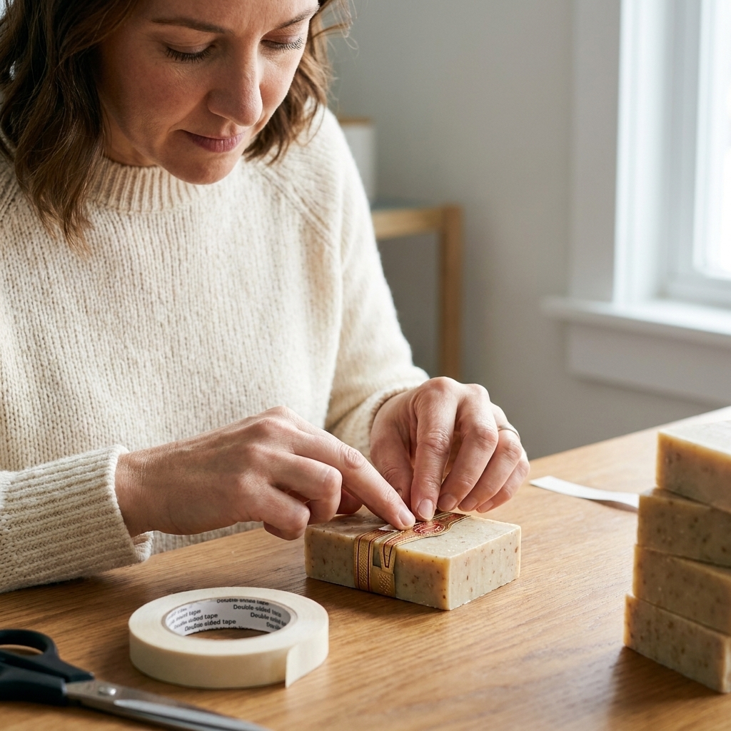 A person pressing the overlapping seam of a paper cigar band onto a soap bar using double-sided tape for a clean finish