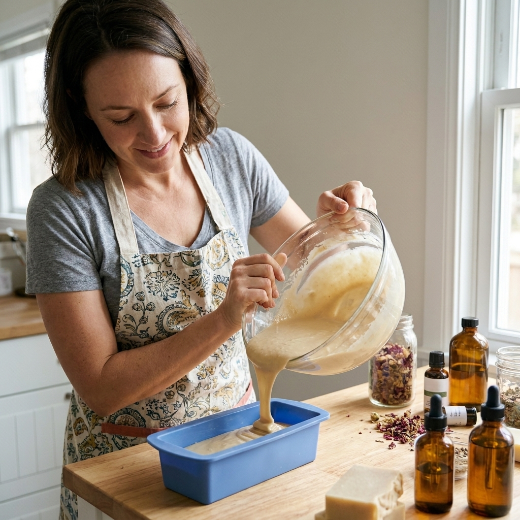 A real-life photo of creamy cold process soap batter being poured from a bowl into a silicone loaf mold on a countertop