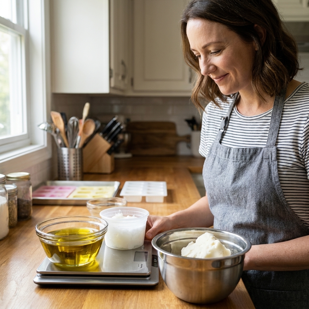 A real-life photo of soap making oils weighed in separate containers on a kitchen scale, including olive oil, coconut oil, and a solid fat ready to melt
