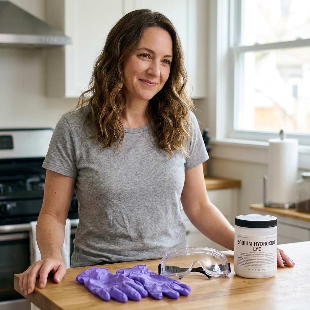 A real-life photo of soap making safety gear laid out on a counter, including nitrile gloves and safety goggles next to a container of sodium hydroxide lye